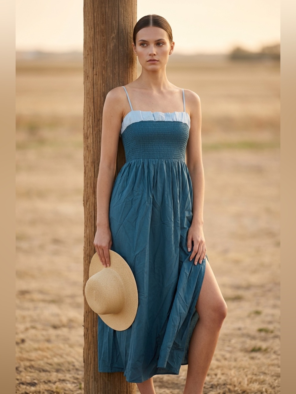 NWT Few Moda Smocked Strap Midi Dress in Slate Blue. Sz XL